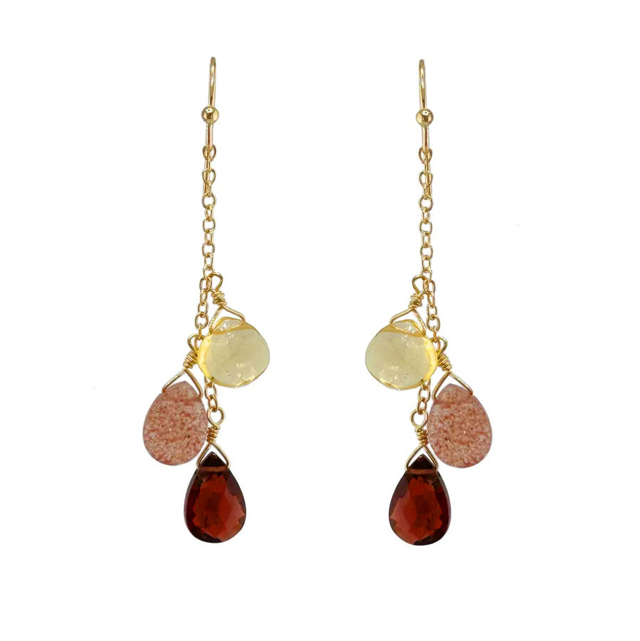 Garnet, Citrine +Quartz drops earrings