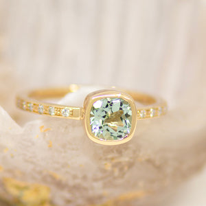 Green Tourmaline Bezel Ring W/ Pavé Diamond Band