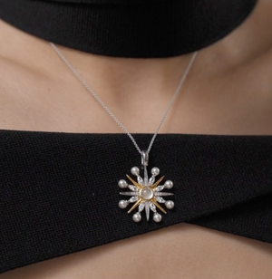 
                
                    Load image into Gallery viewer, Two Tone Pearl Starburst Pendant Necklace
                
            