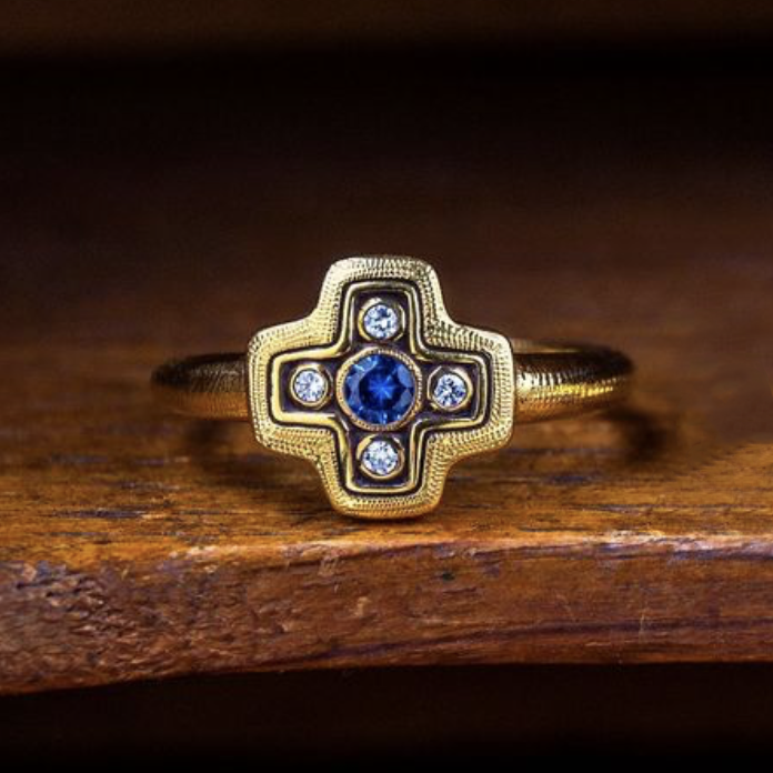 "Little Cross" Blue Sapphire & Diamond Ring
