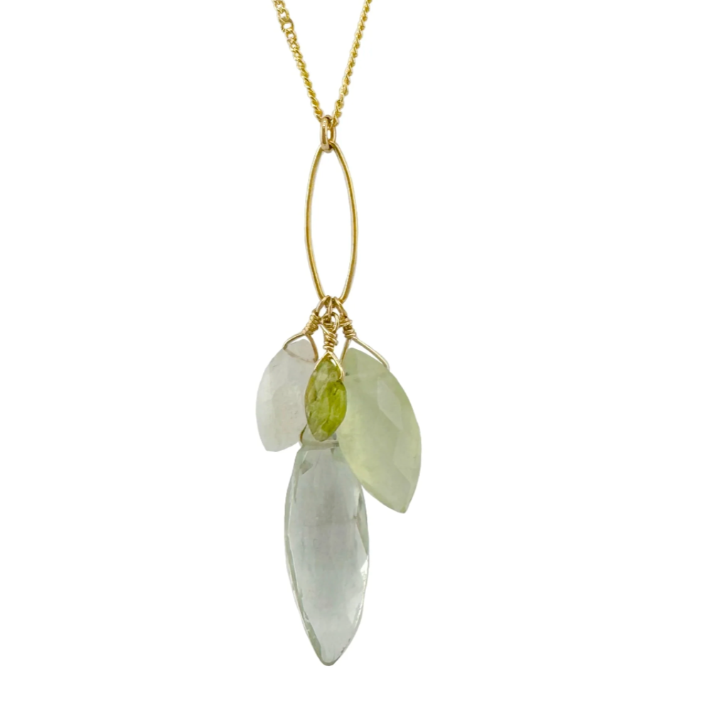 Green Amethyst, Prehnite, Moonstone and Peridot Cluster Necklace