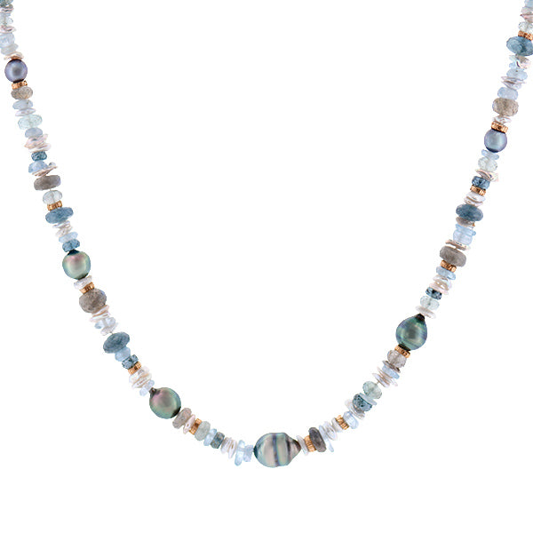 Pearl, Aquamarine, Labradorite & Gold Strand Necklace