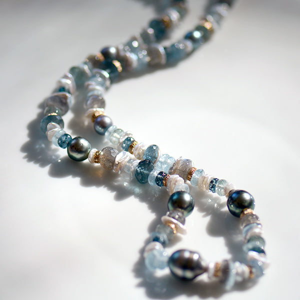 Pearl, Aquamarine, Labradorite & Gold Strand Necklace