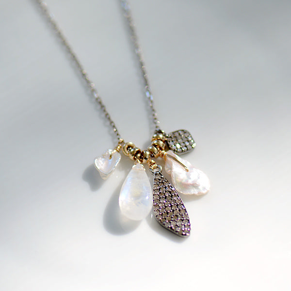 Diamond, Pearl & Moonstone Cluster Pendant Necklace