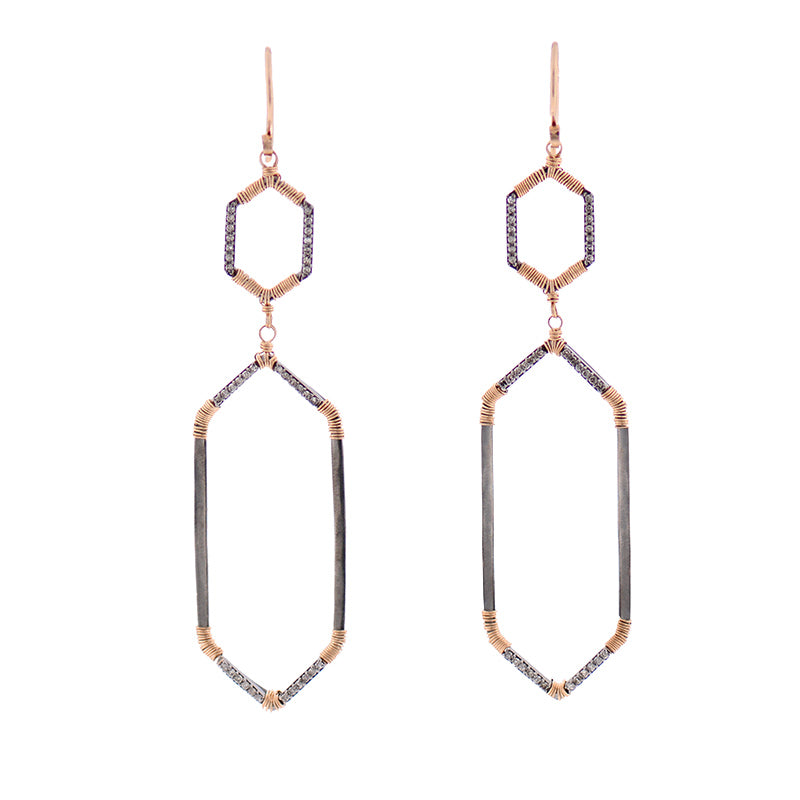 Double Hexagon Gold & Diamond Drop Earrings