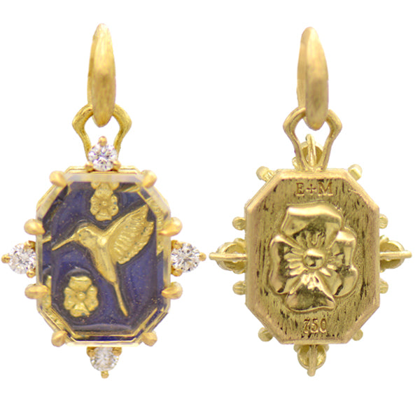 Dark Blue Enamel, Diamond & Gold Hummingbird Charm
